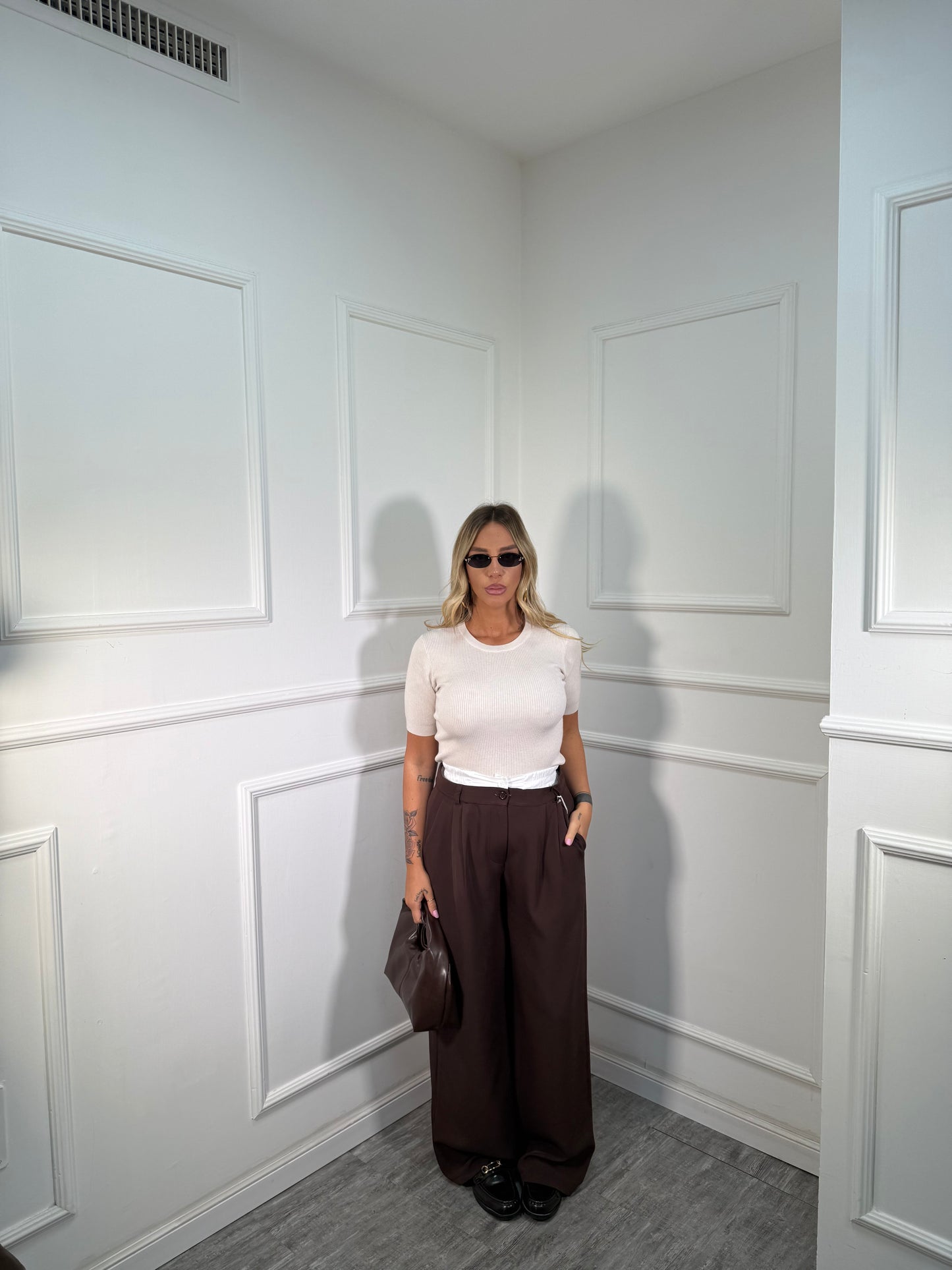 Pantaloni palazzo con doppio bustino elastico marrone m12520