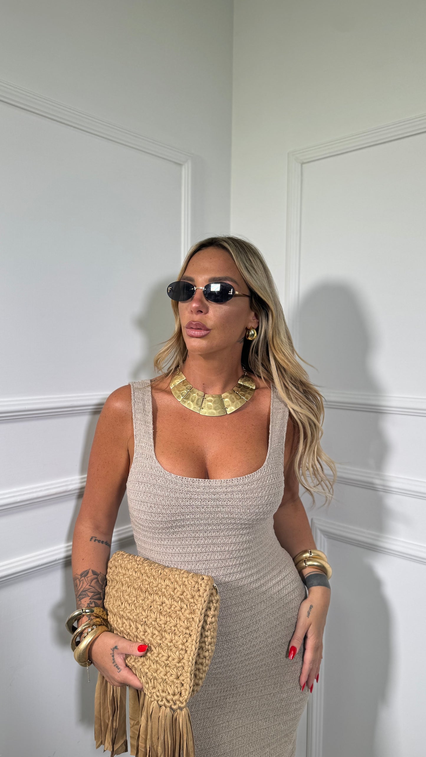 Abito midi in crochet scollo squadrato Dominique taupe