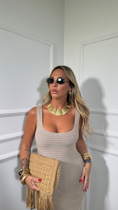 Abito midi in crochet scollo squadrato Dominique taupe