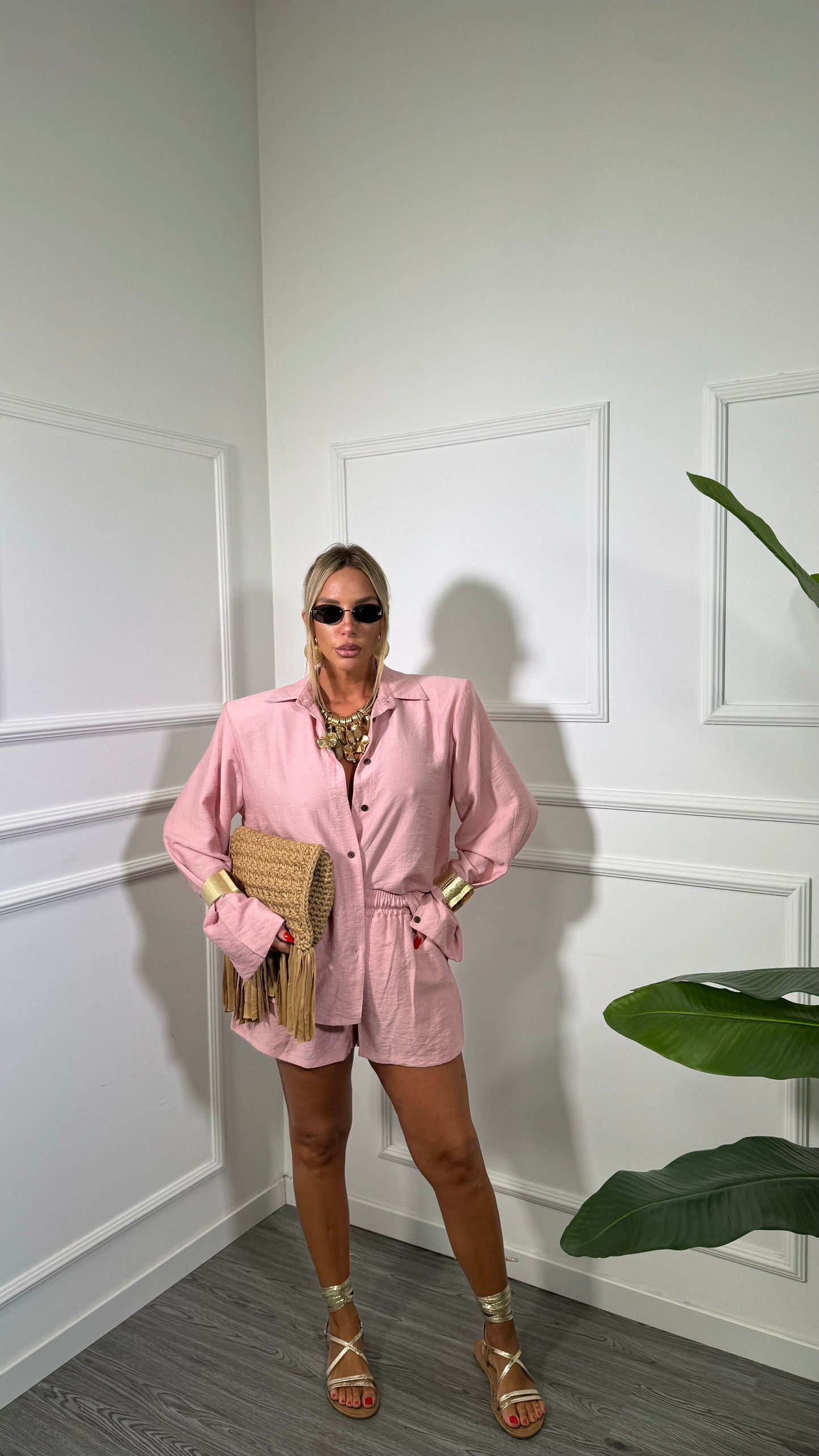 Coordinato misto lino con spalline Sirenuse rosa 7105