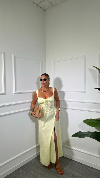 Abito midi in cotone con pizzo Klaren giallo paglino 1266