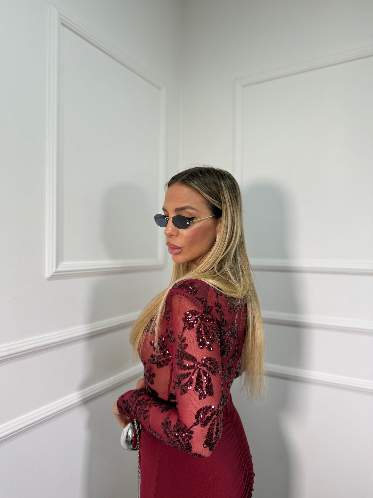 Abito midi con paillettes Samira bordeaux 12295