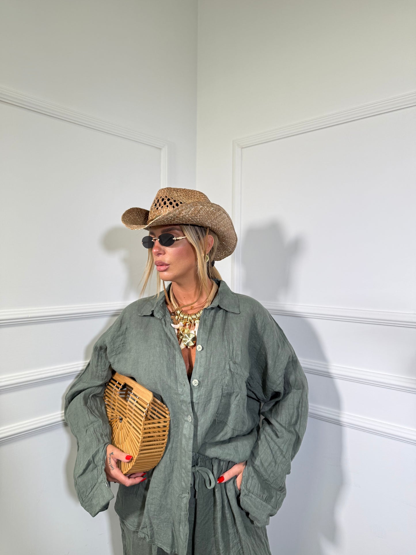 Coordinato in lino (curvy) Shaty verde militare 268161