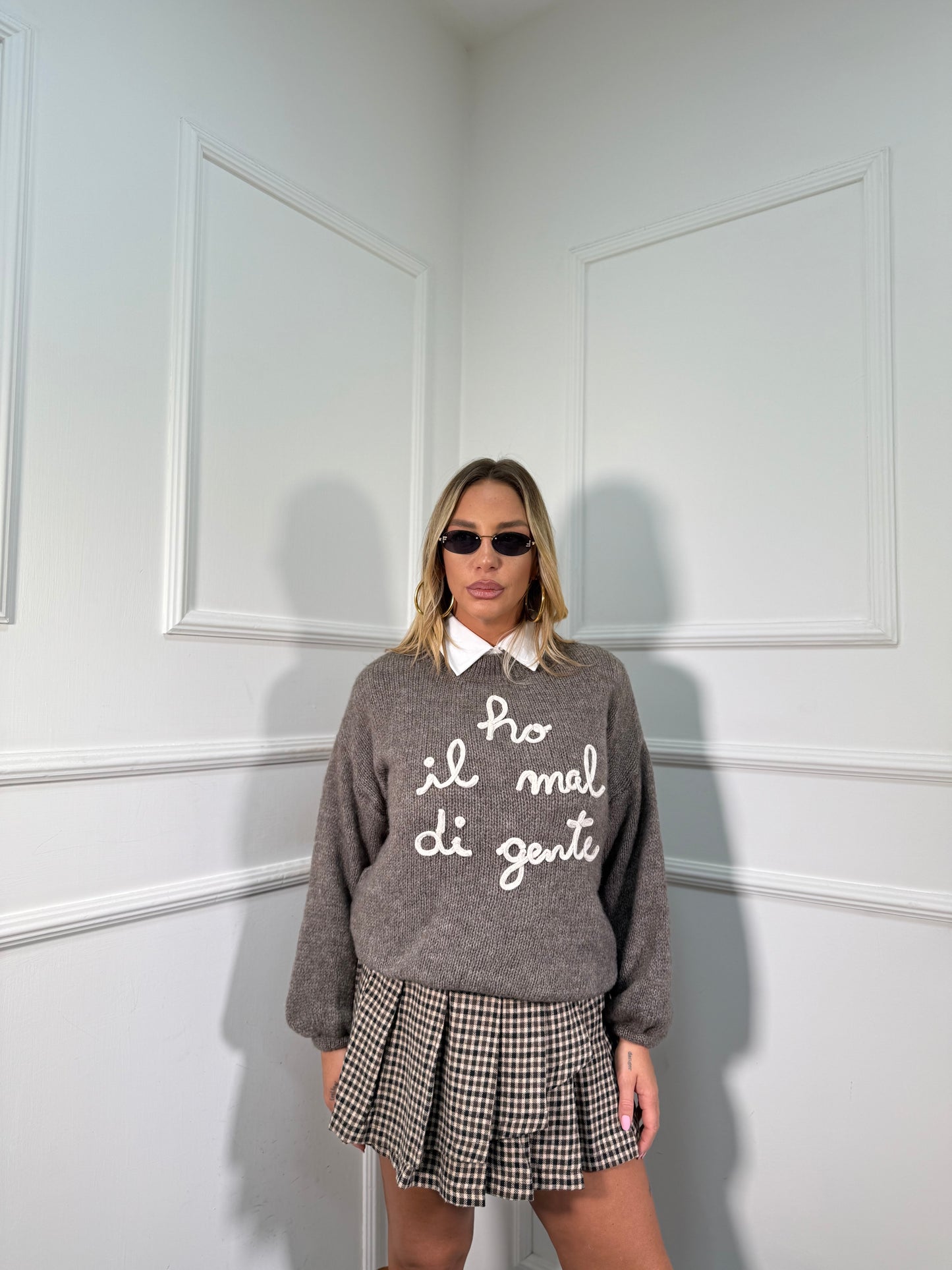 Gonna pieghe asimmetrica a quadretti marrone 25755