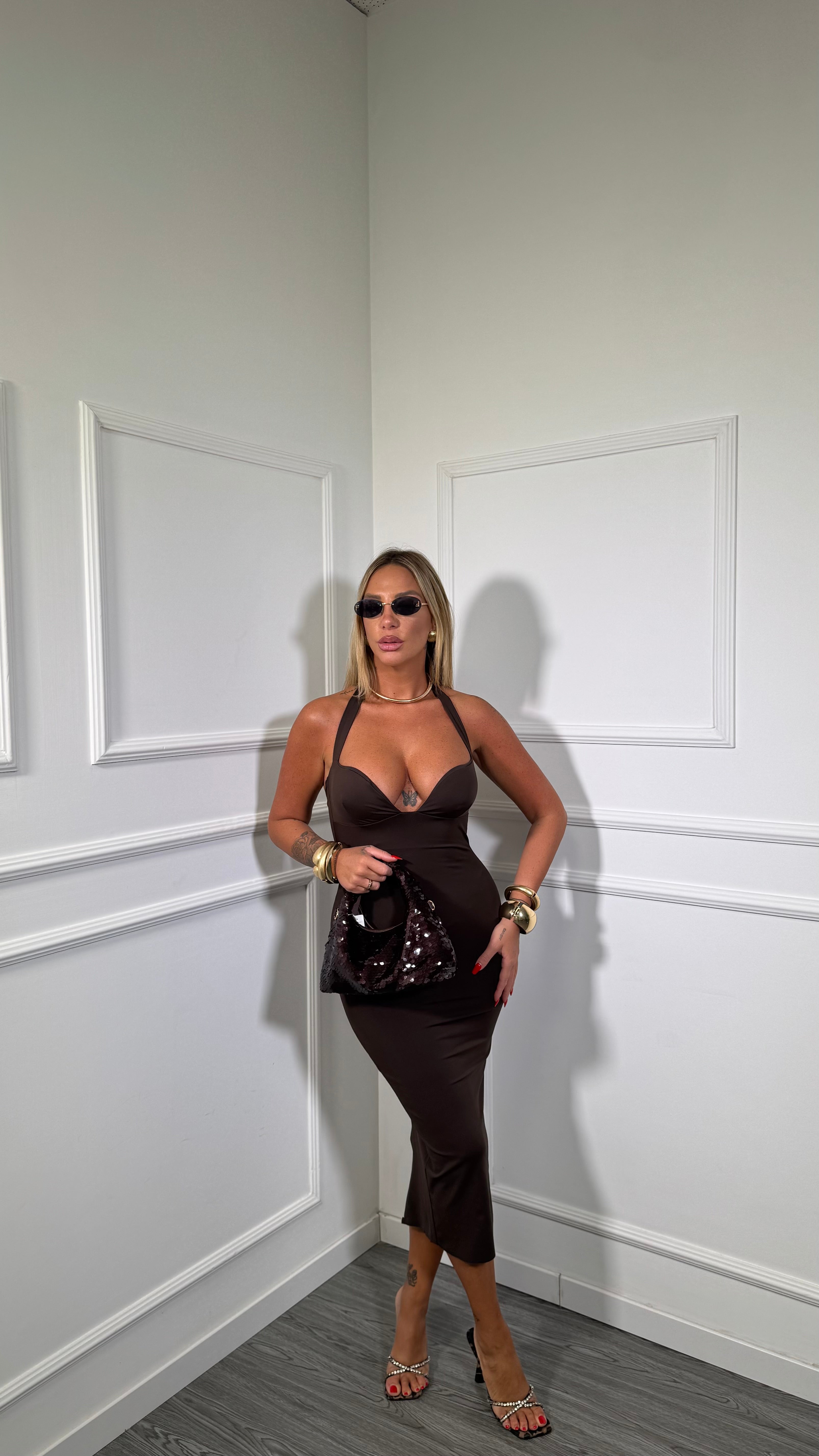 Abito midi in lycra Rochè cioccolato