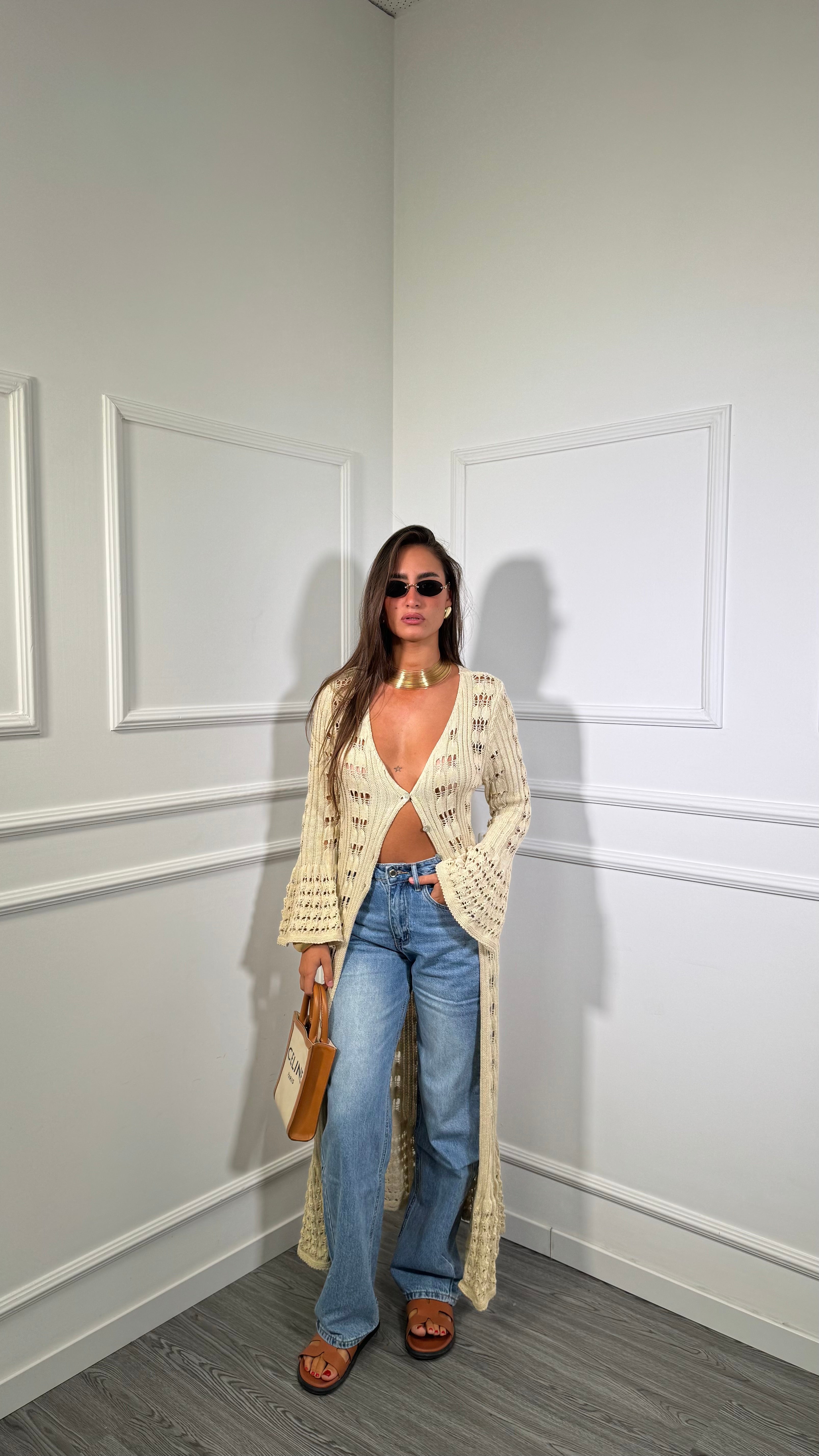 Maxi cardigan in filo Mykonos sabbia 3676