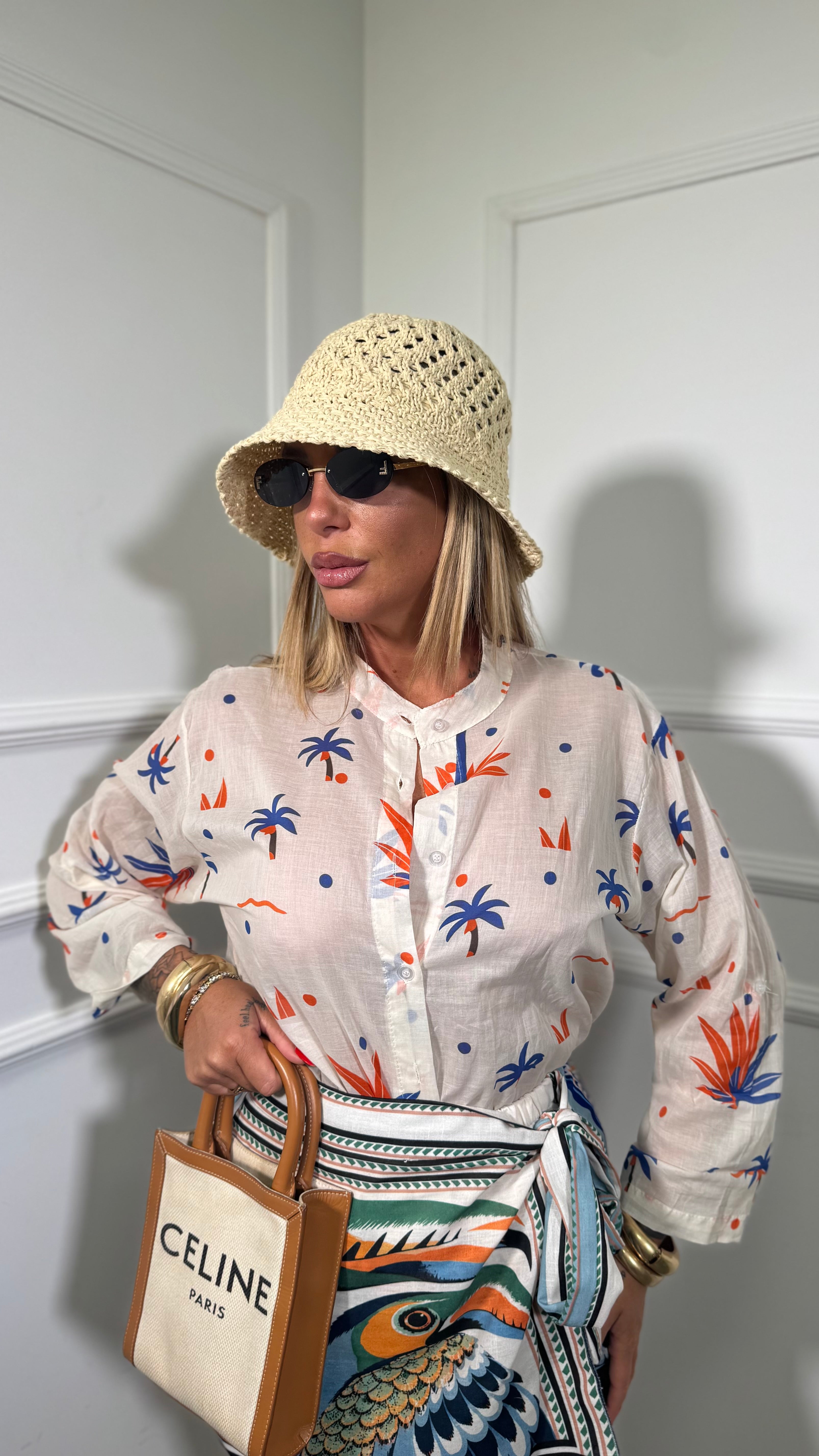 Camicia in 100% cotone con palme arancio/blu 7902