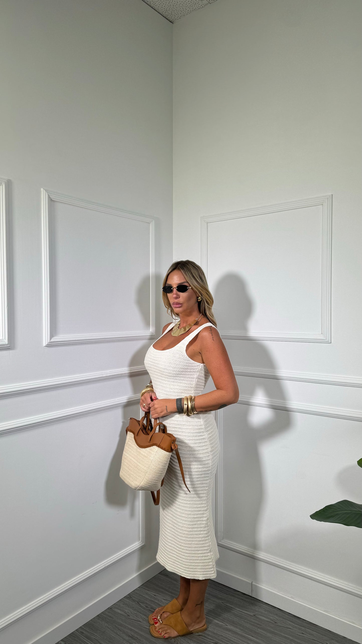 Abito midi in crochet scollo squadrato Dominique canapa