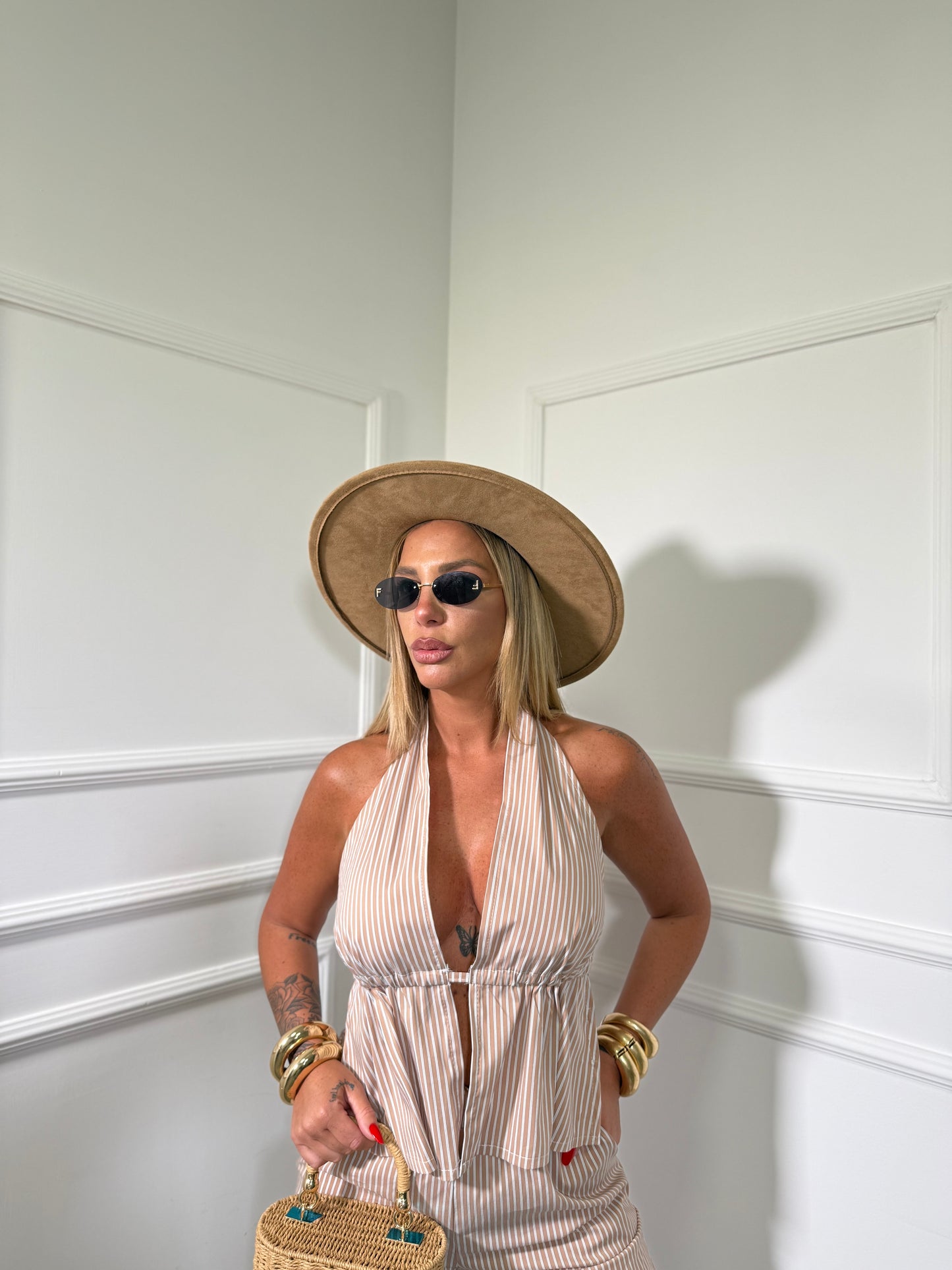 Coordinato a righe Tropicana camel c81126