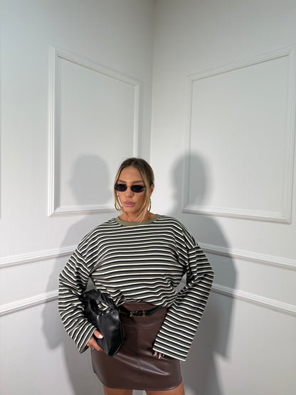 Shirt in cotone garzato manica campana Cindy verde/nero f1109