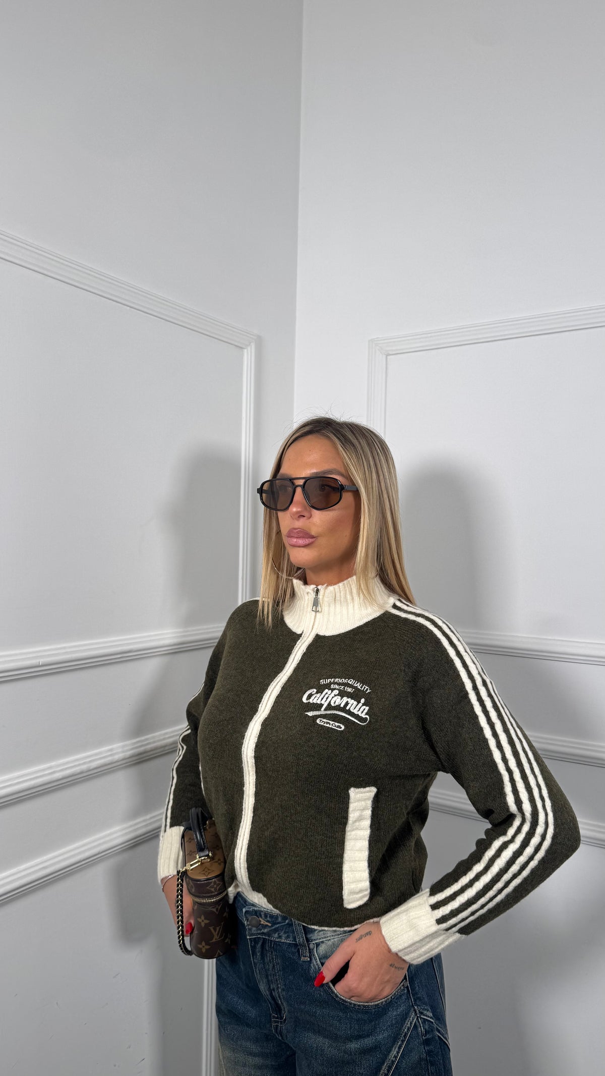 Pullover con zip lana cotta California verde oliva s11302