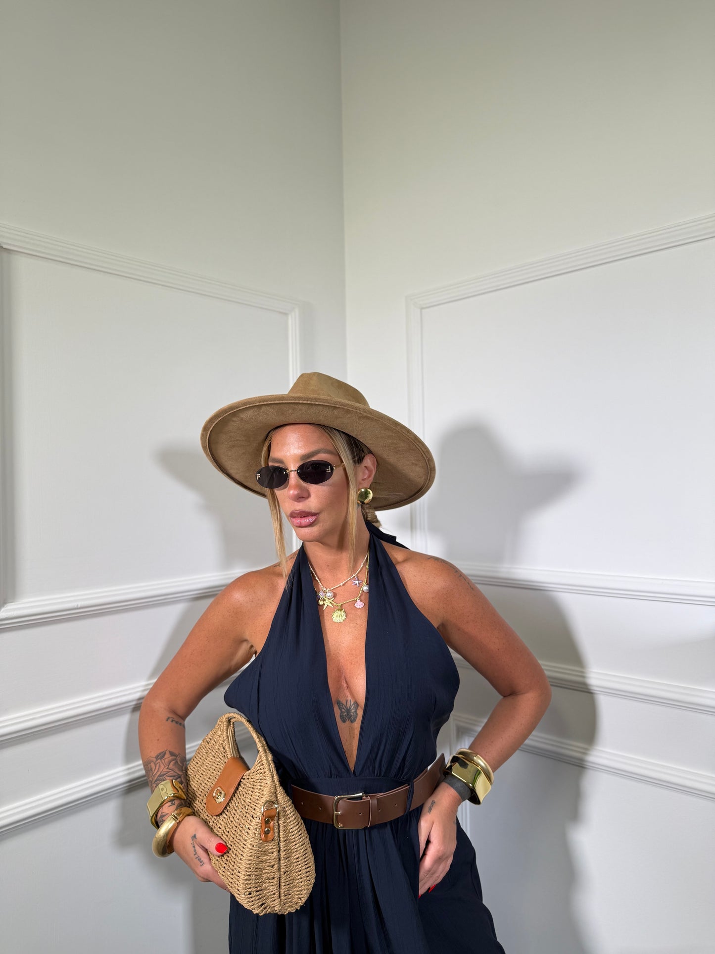 Jumpsuit palazzo in viscosa con cintura Mara blu 58199