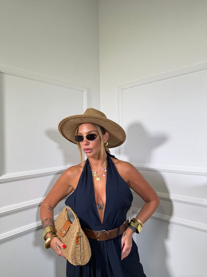 Jumpsuit palazzo in viscosa con cintura Mara blu 58199