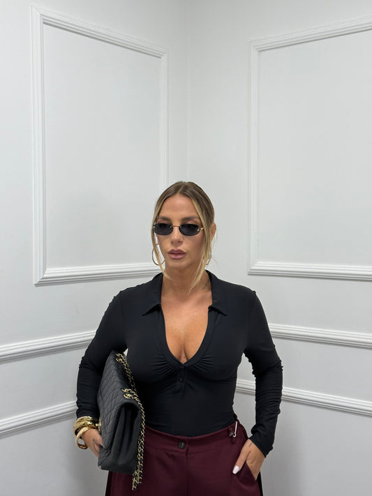 Body con colletto camicia nero 5239