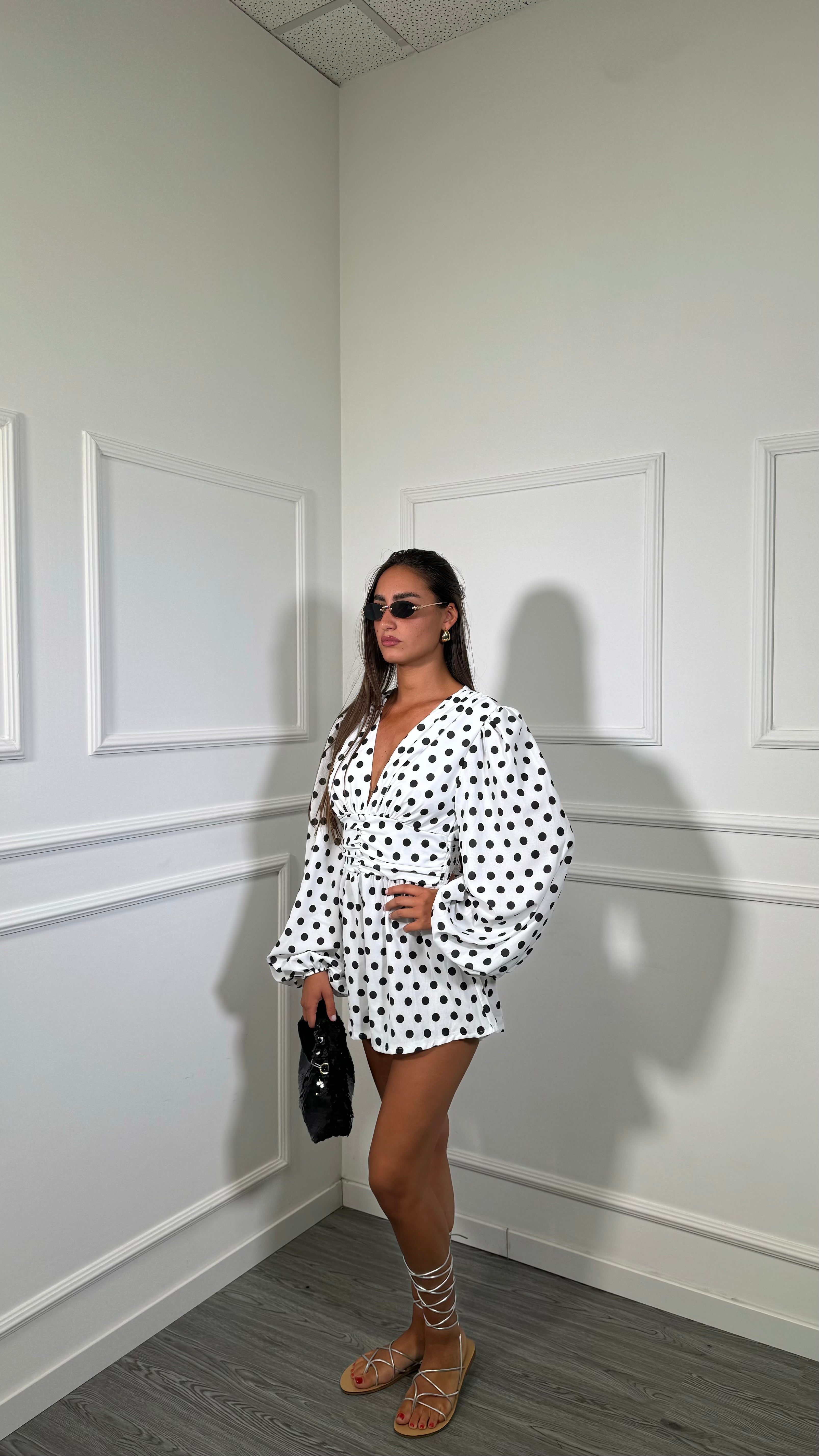Jumpsuit a pois manica balloon Dafne bianca 80164