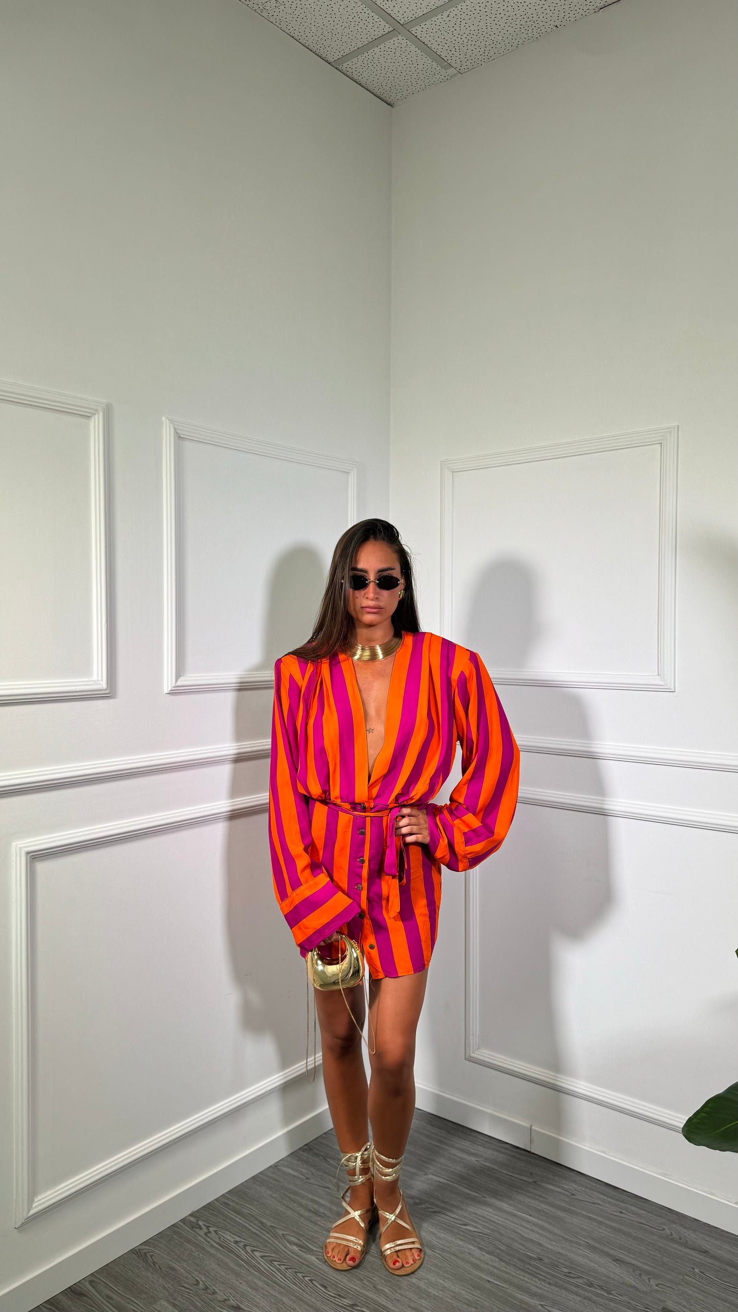 Abito corto a righe con spalline Allyson fucsia/arancio 706888