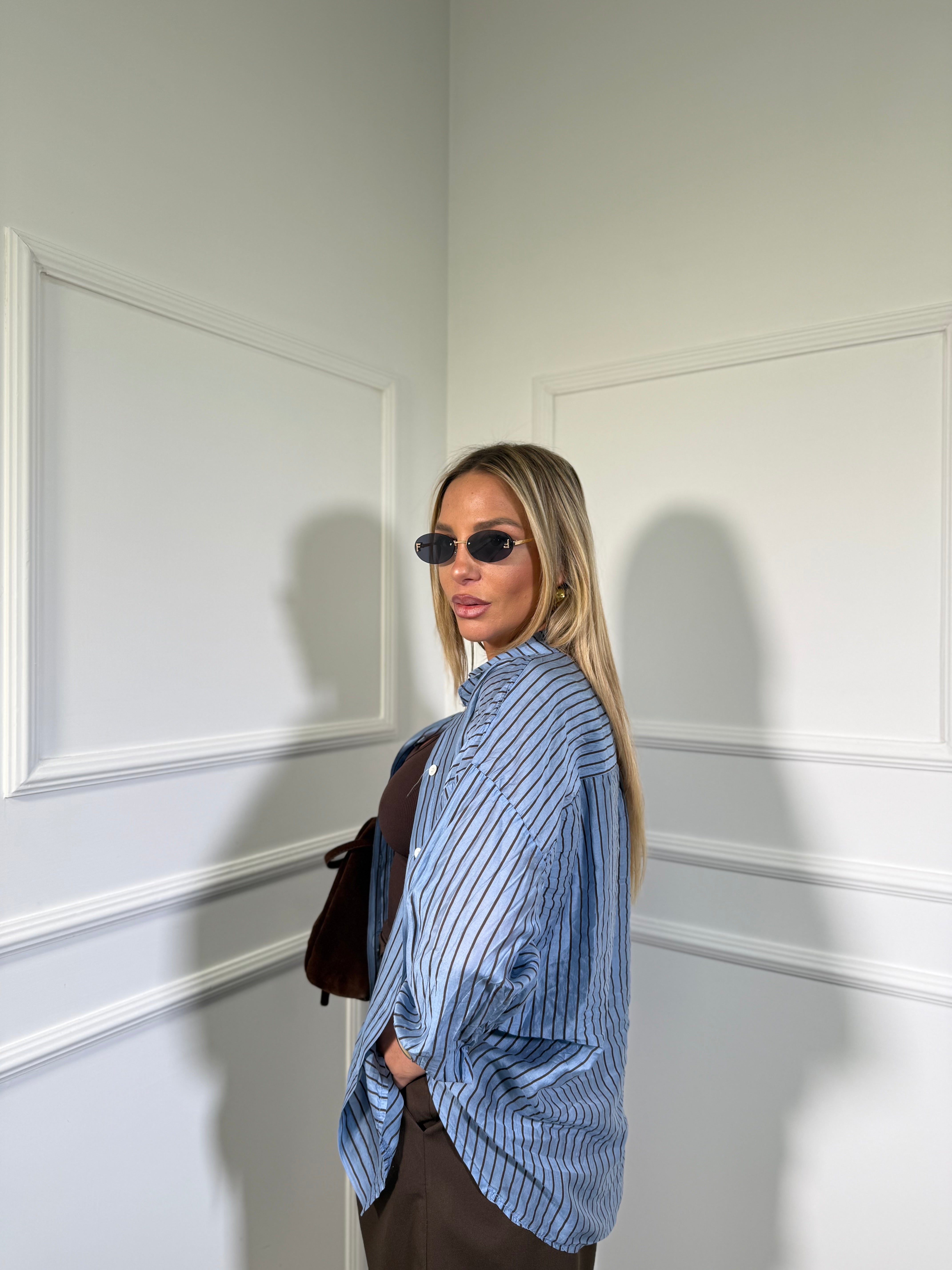 Camicia semi velata a righe After celeste 25135