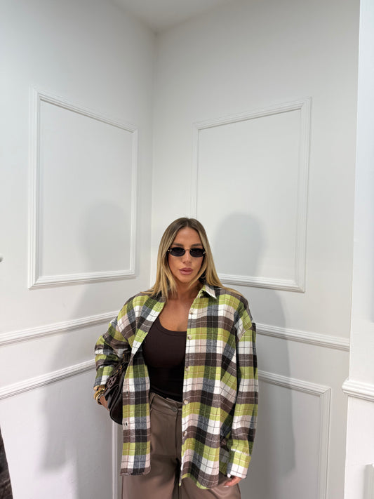 Camicia oversize a quadri in flanella con spalline lime/cacao by justwest 2636