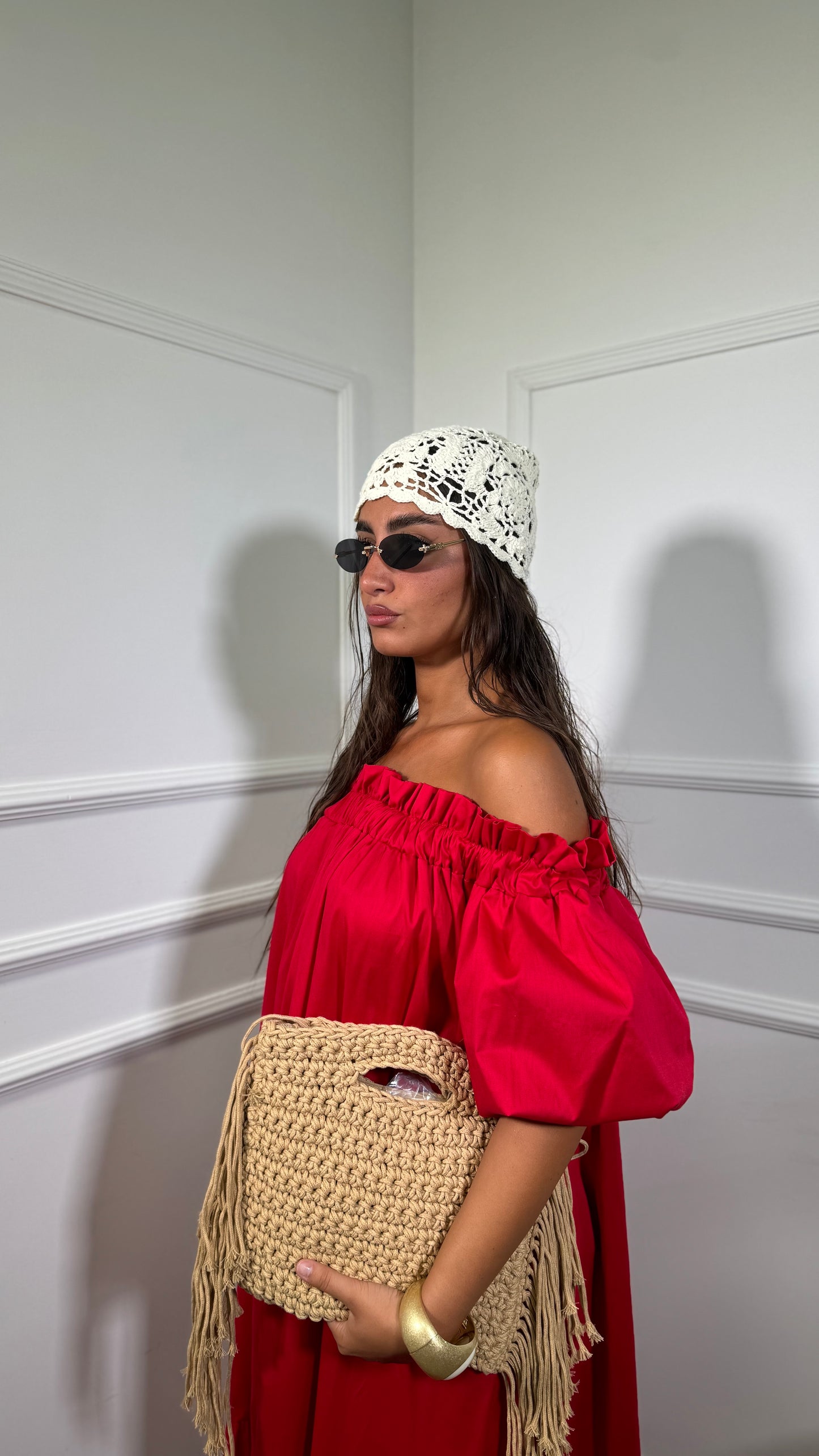 Abito lungo scollo a barca in cotone Anacapri rosso 30705