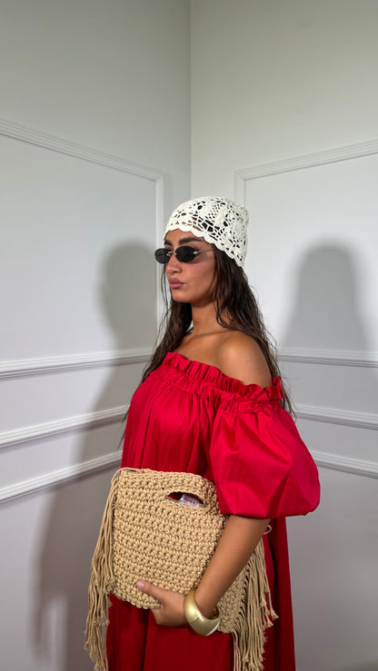 Abito lungo scollo a barca in cotone Anacapri rosso 30705