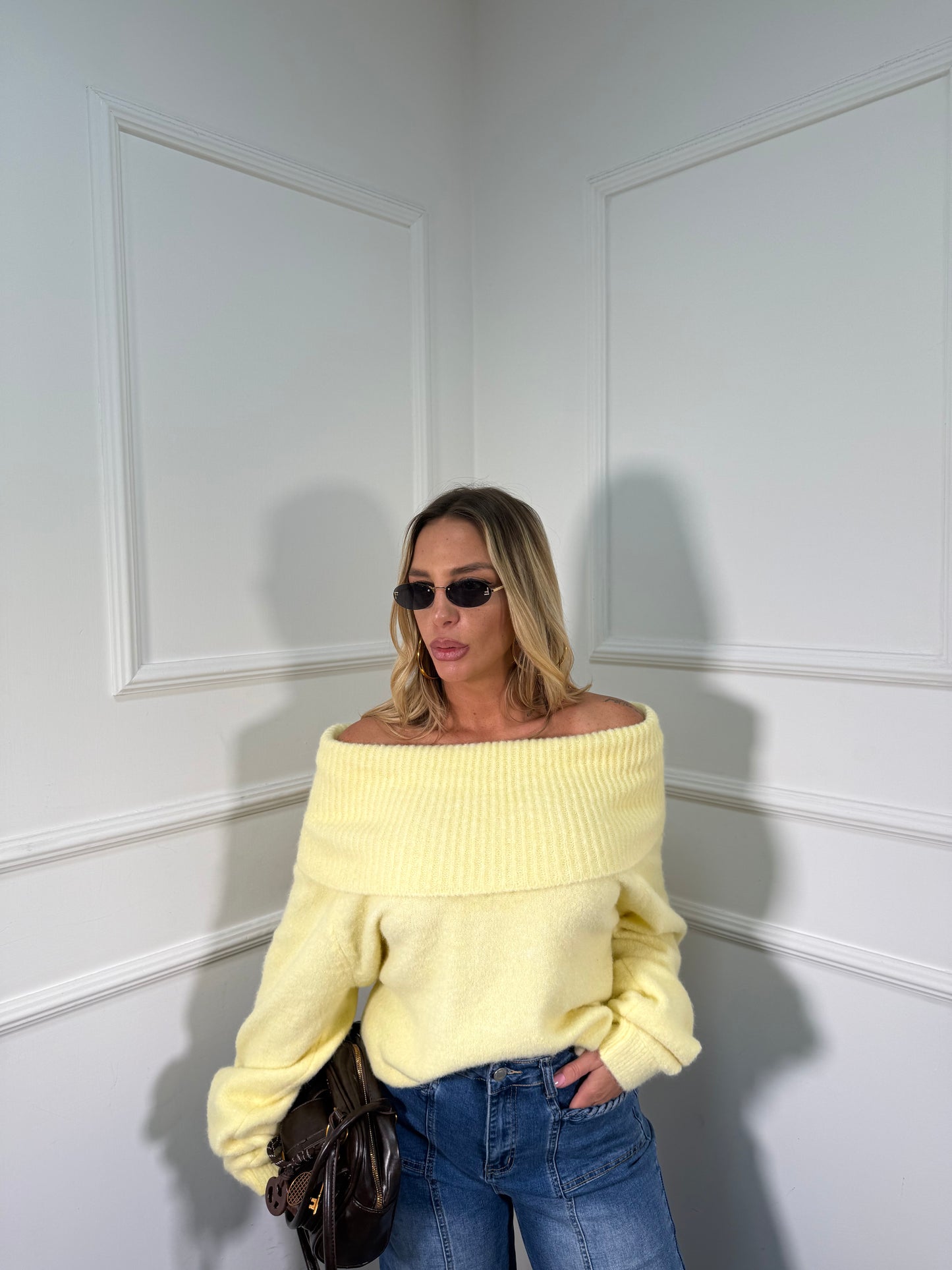 Maxi pull scollo a barca Candy giallo pastello 33895