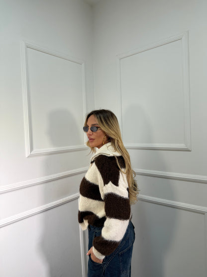 Maglioncino con zip misto lana panna/cacao 51201