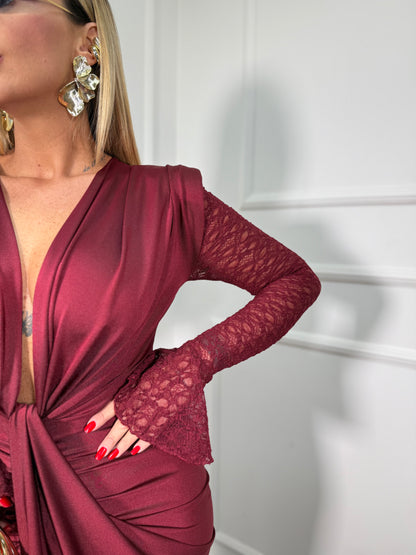 Abito midi con maniche in pizzo Sensual bordeaux 6336