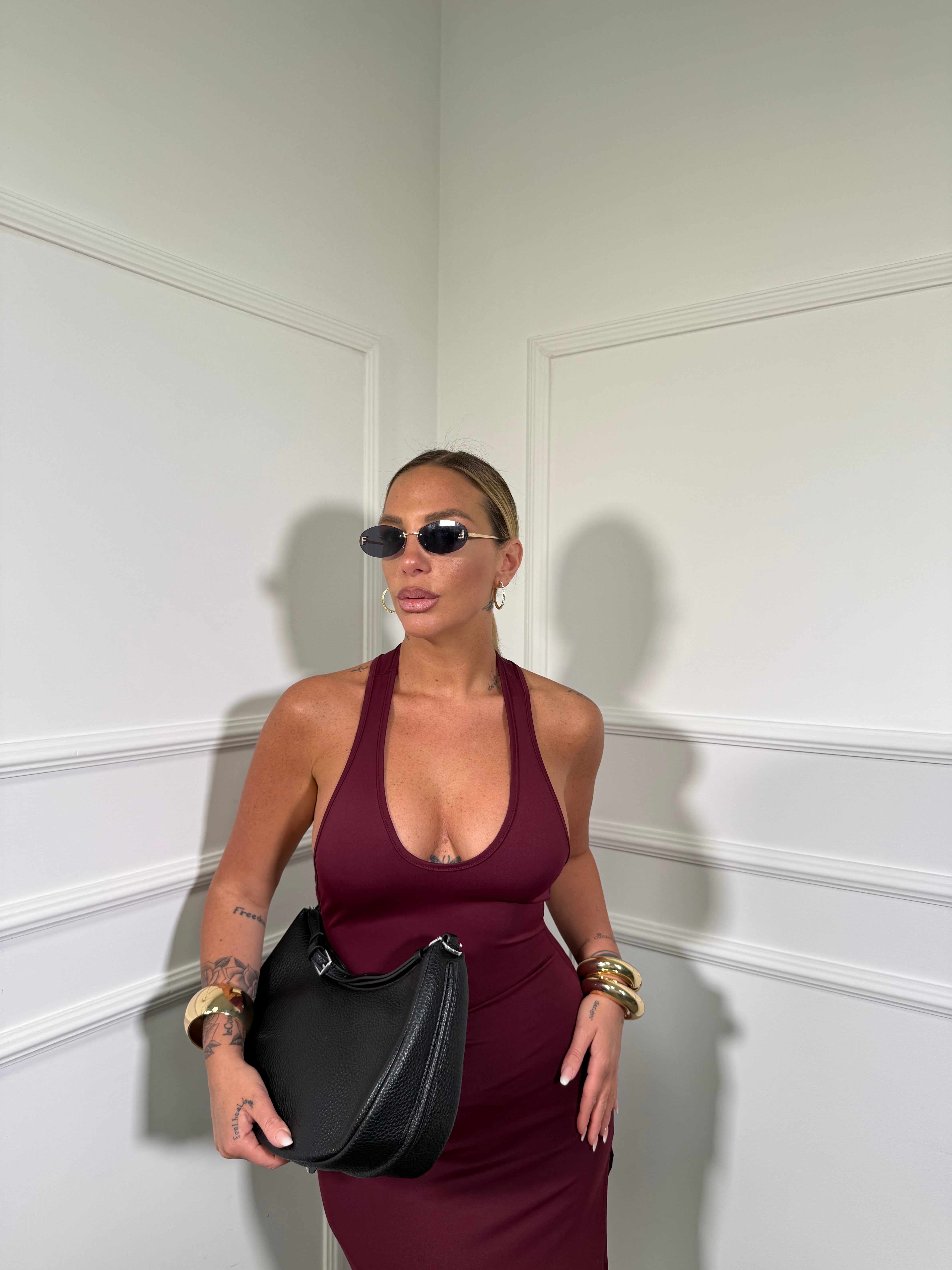 Abito midi in lycra scollato sul retro Maya bordeaux