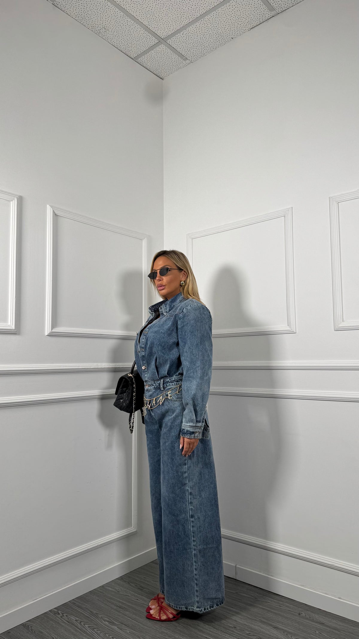 Jumpsuit palazzo in denim con spalline Dakota x1696