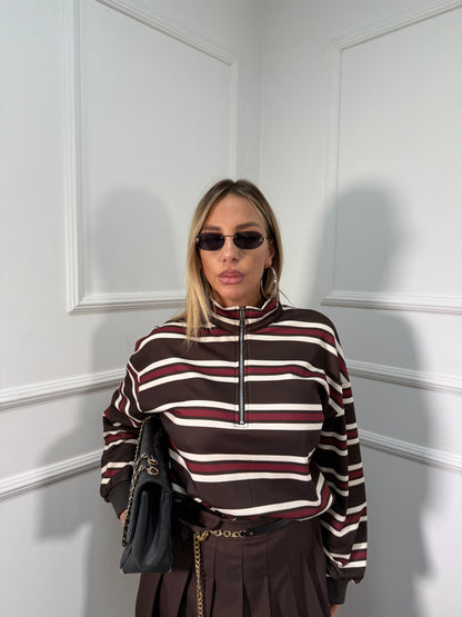 Felpa con zip in pile cioccolato/bordeaux 6086