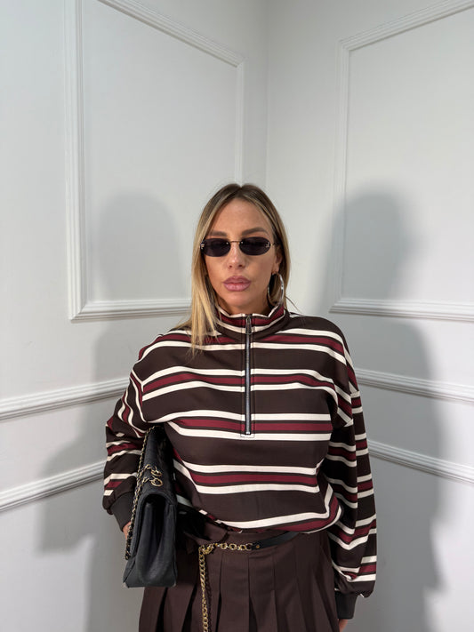Felpa con zip in pile cioccolato/bordeaux 6086