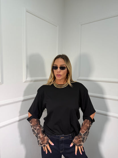 T-shirt con spalline e manicotti in tulle maculato nero m30382