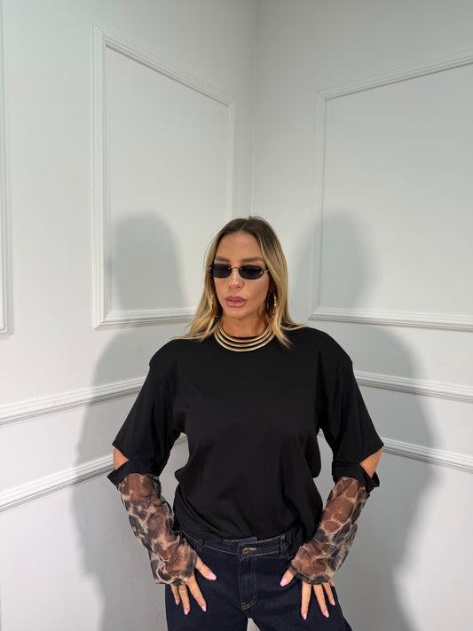 T-shirt con spalline e manicotti in tulle maculato nero m30382