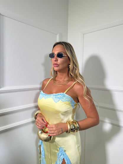 Abito lungo in satin con pizzo Conca giallo hp10238