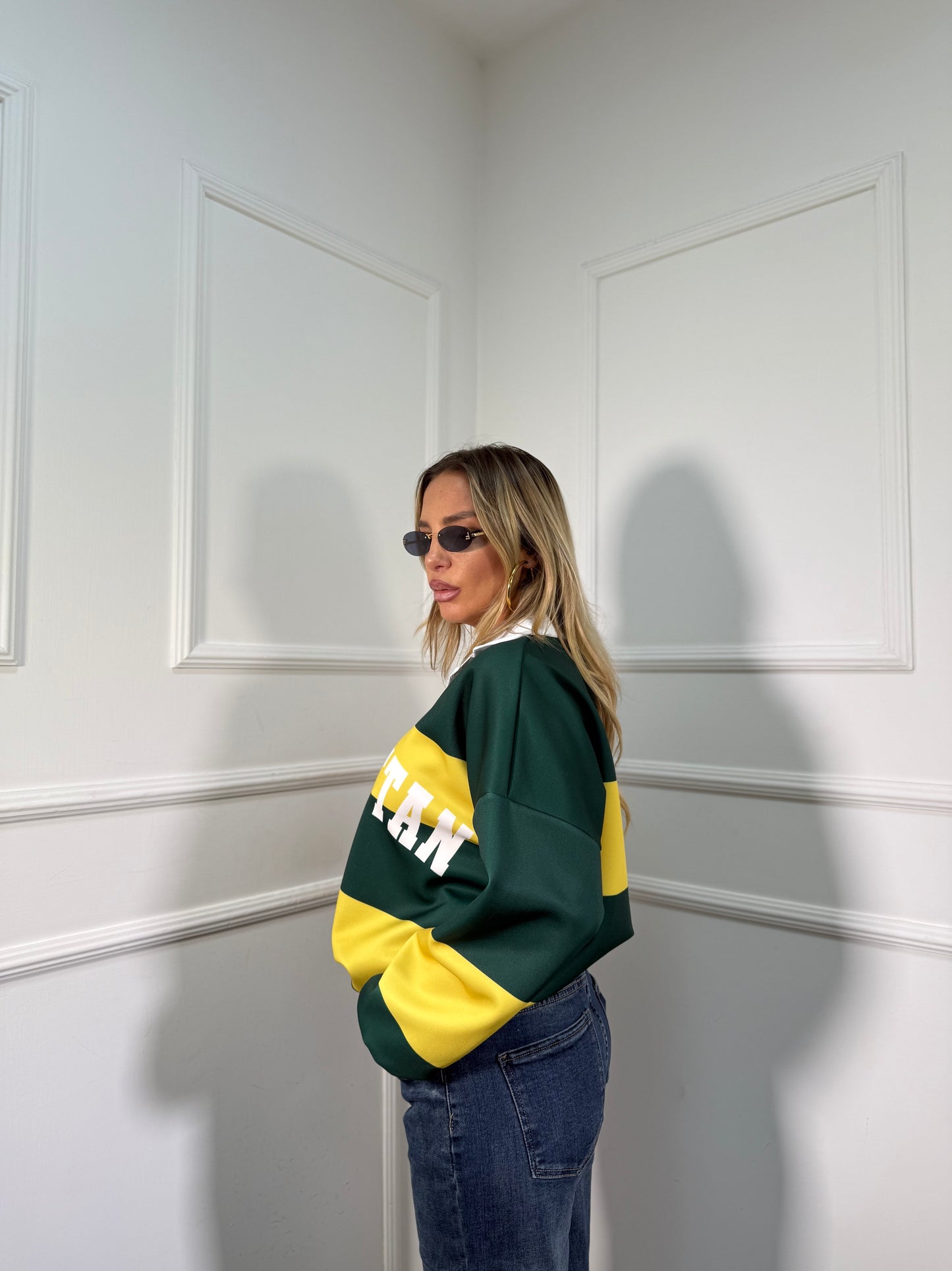 Felpa polo oversize Manhattan verde/gialla