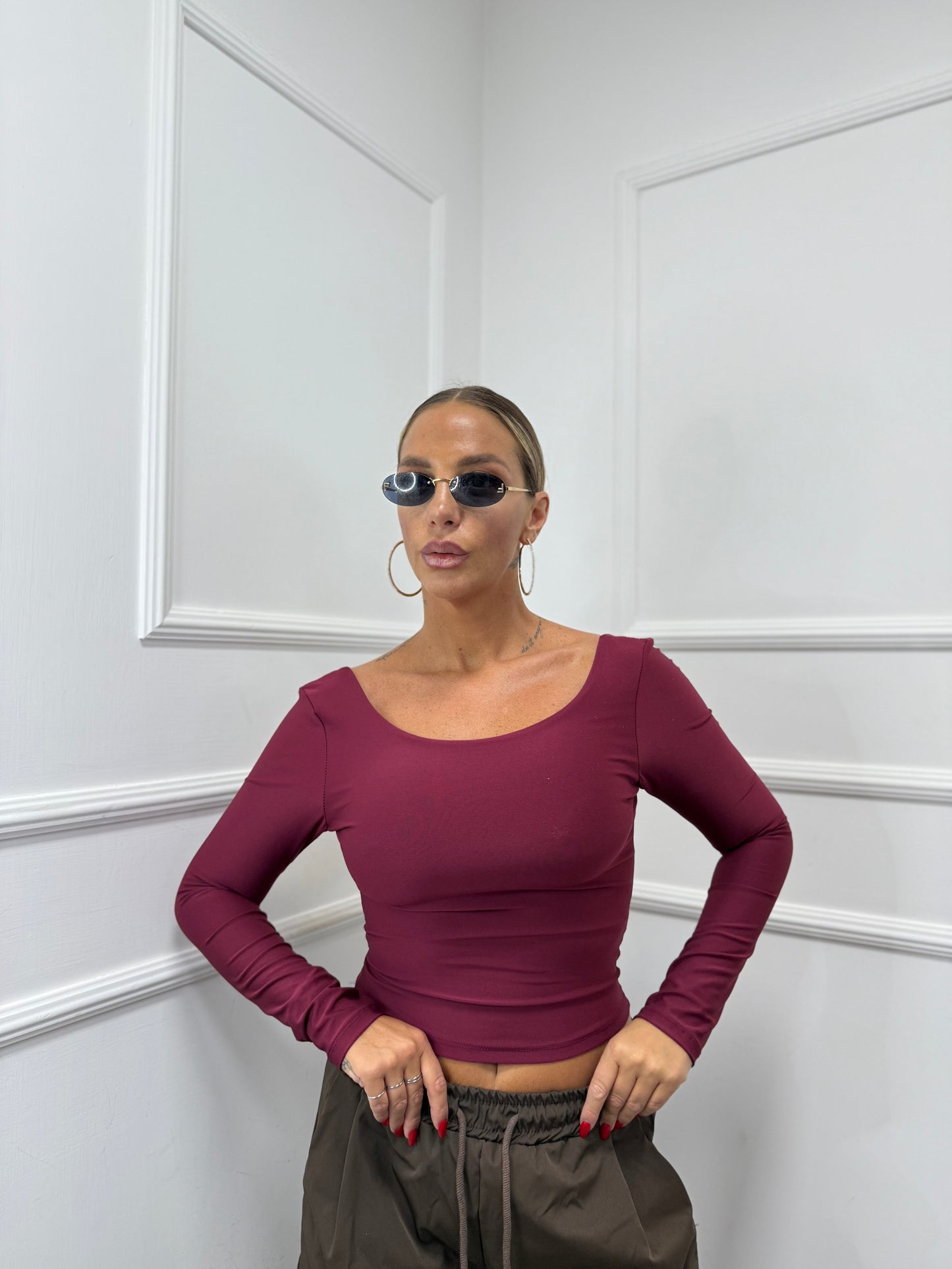 Shirt in lycra scollo squadrato bordeaux 16378