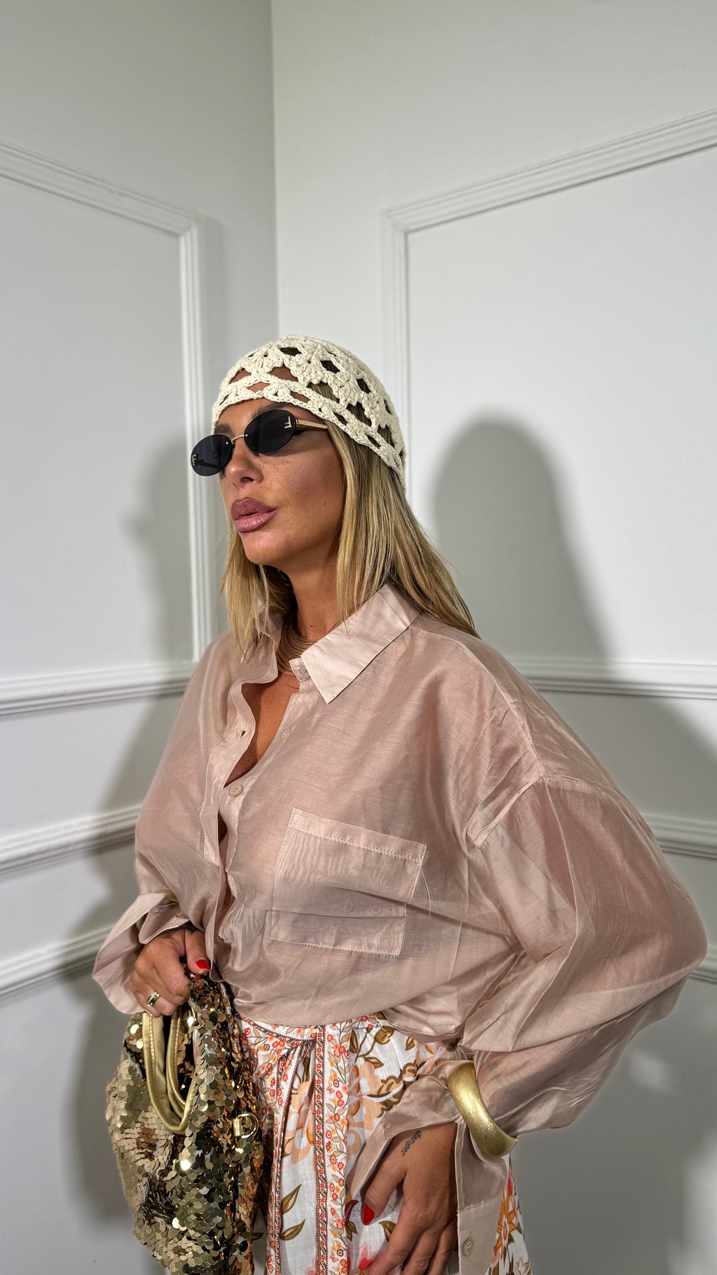 Camicia semi velata con taschino Flayr cipria 6808