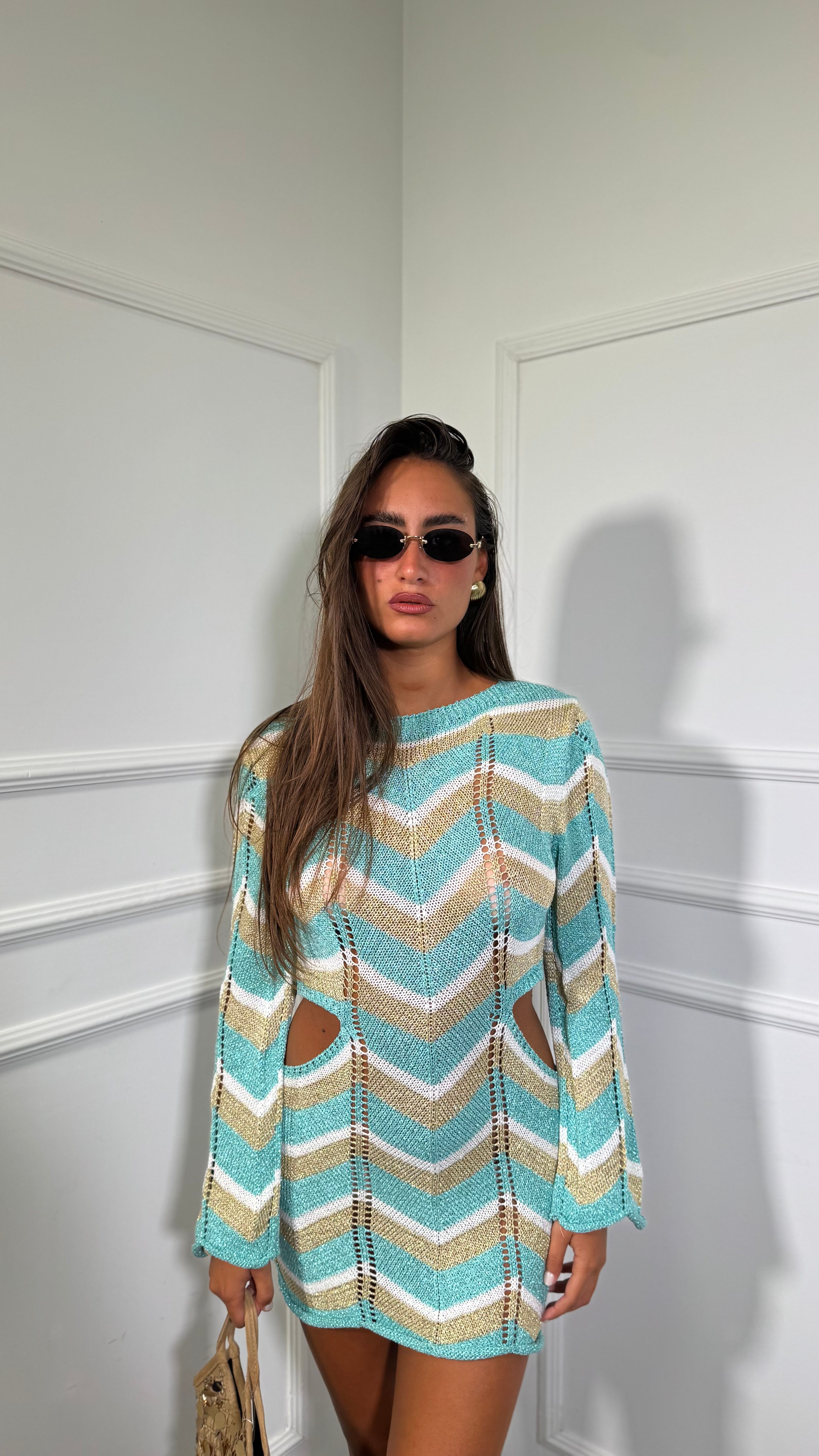 Abito corto in filo lurex cut out Miami verde acqua/oro