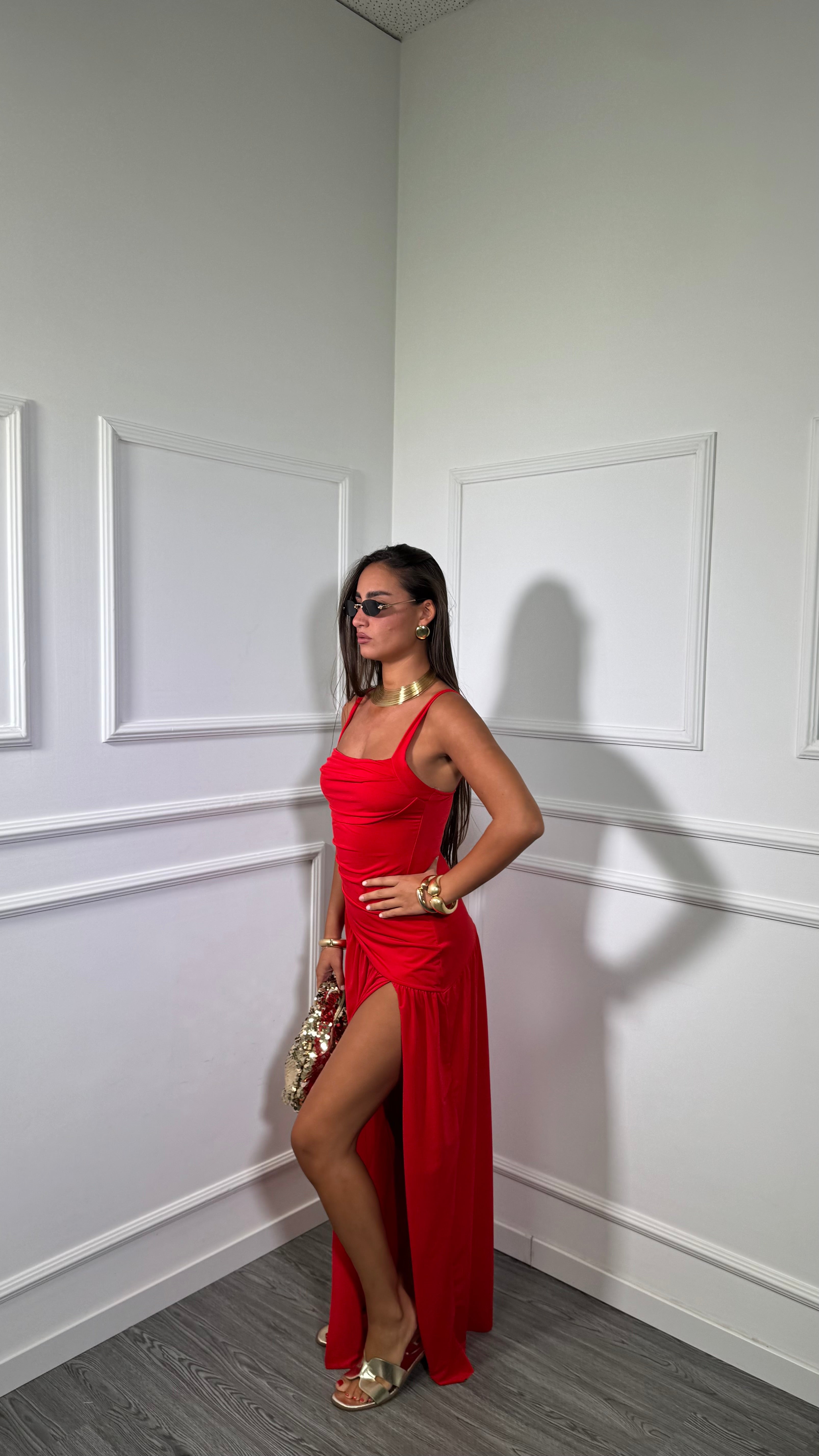 Abito lungo in jersey con spacco Ritual rosso 8113