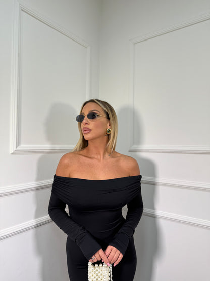 Abito midi in lycra scollo a barca Nilufar nero 13351