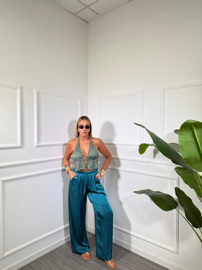 Pantaloni palazzo in satin Must Have petrolio 24205