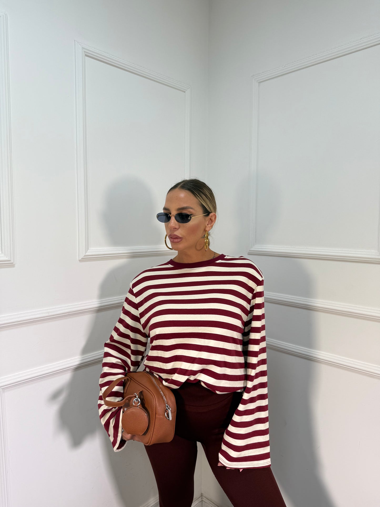 Shirt manica campana con spalline bordeaux/panna