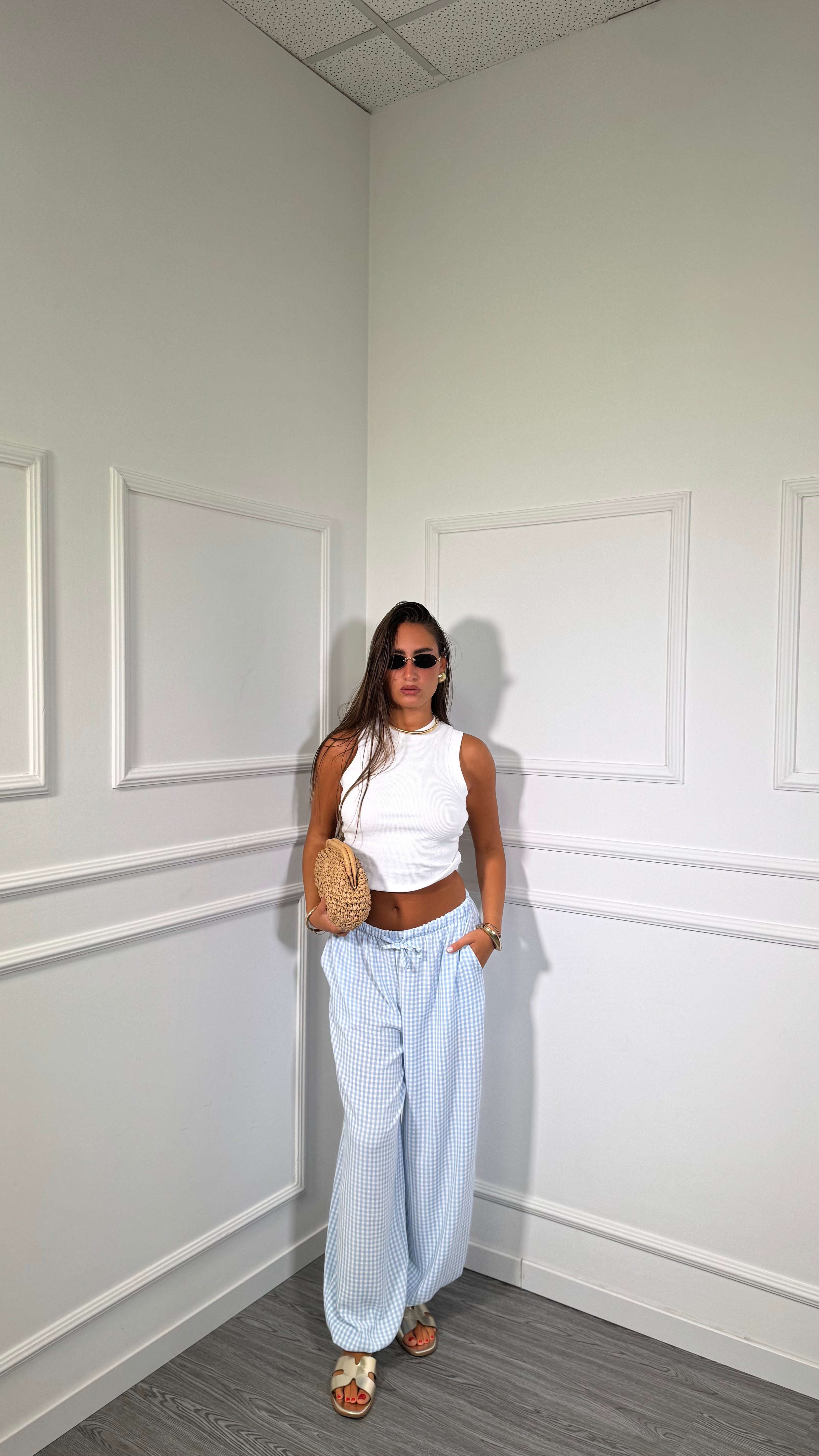 Pantaloni balloon a quadretti Yara azzurro 6651