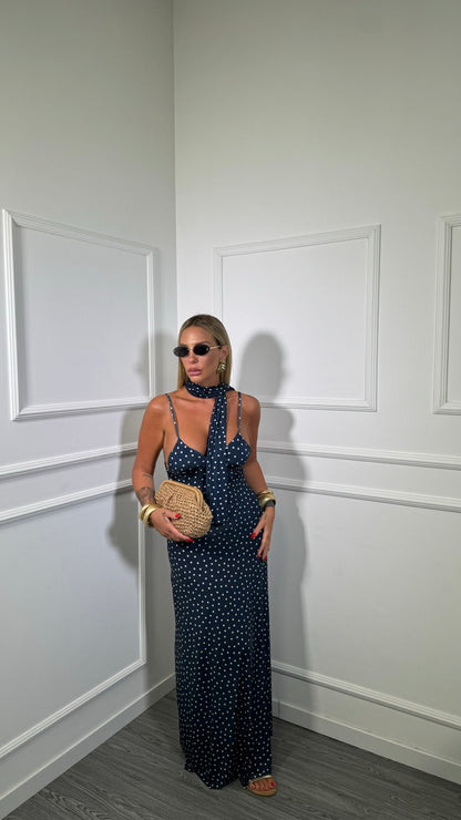 Abito midi in lycra a pois con fusciacca Kalispera blu 6008