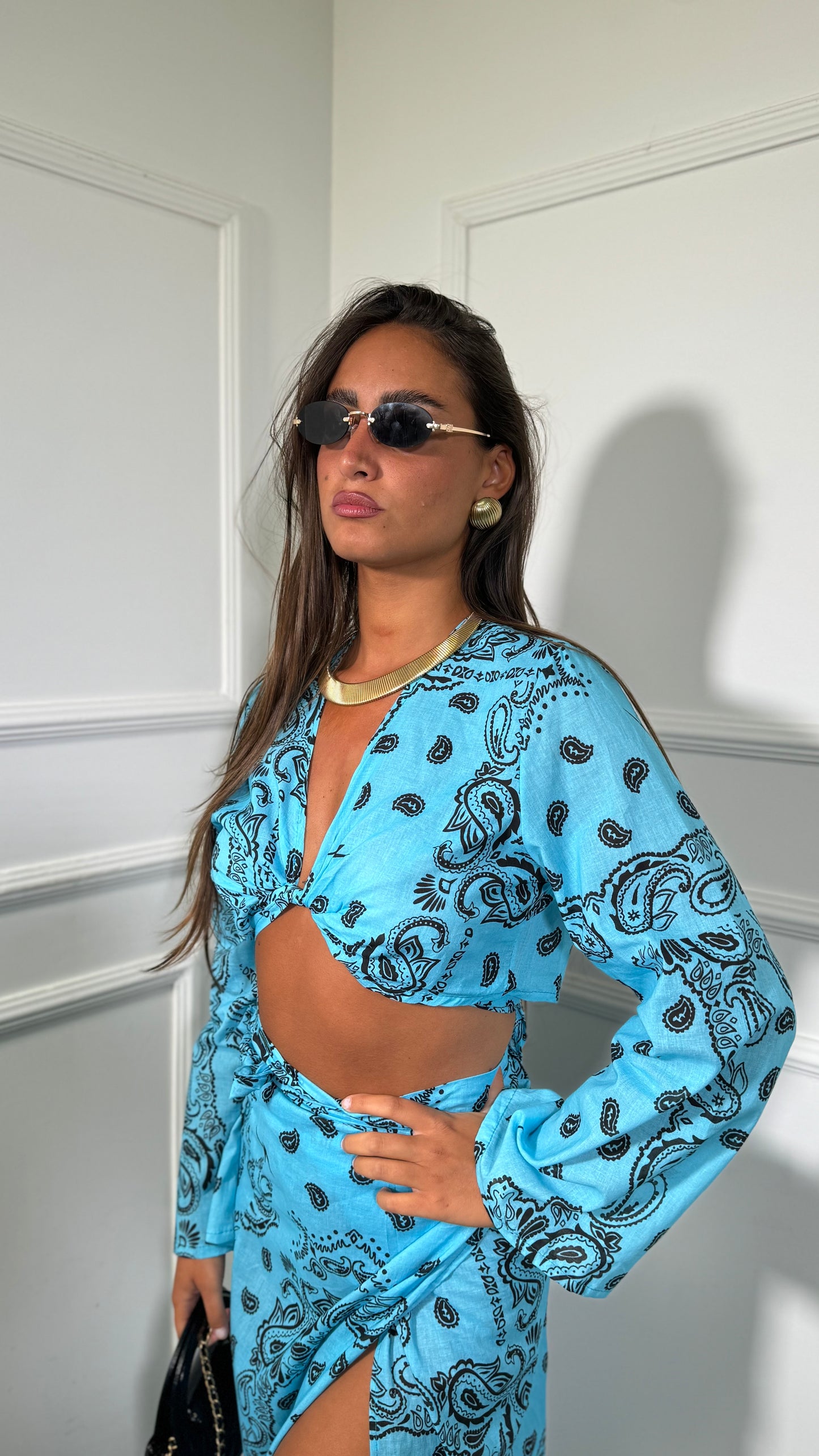Coordinato con gonna lunga fantasia bandana Salinas turchese c81117