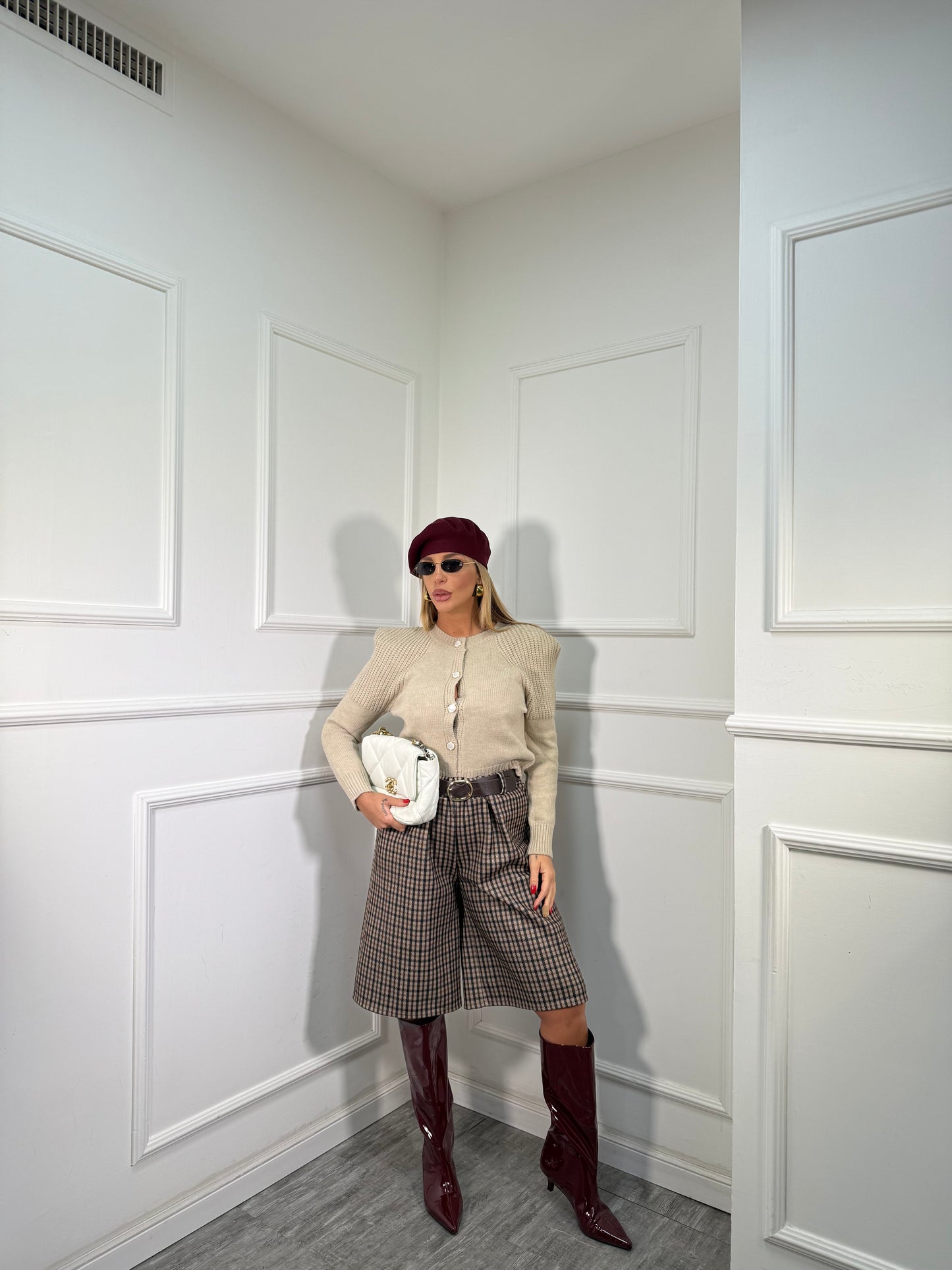 Bermuda a quadri misto lana con cintura Margie cacao 25805