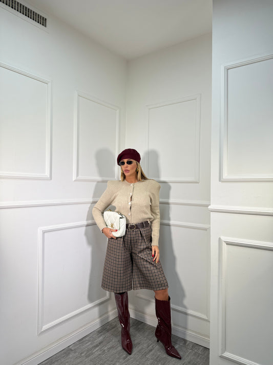 Bermuda a quadri misto lana con cintura Margie cacao 25805