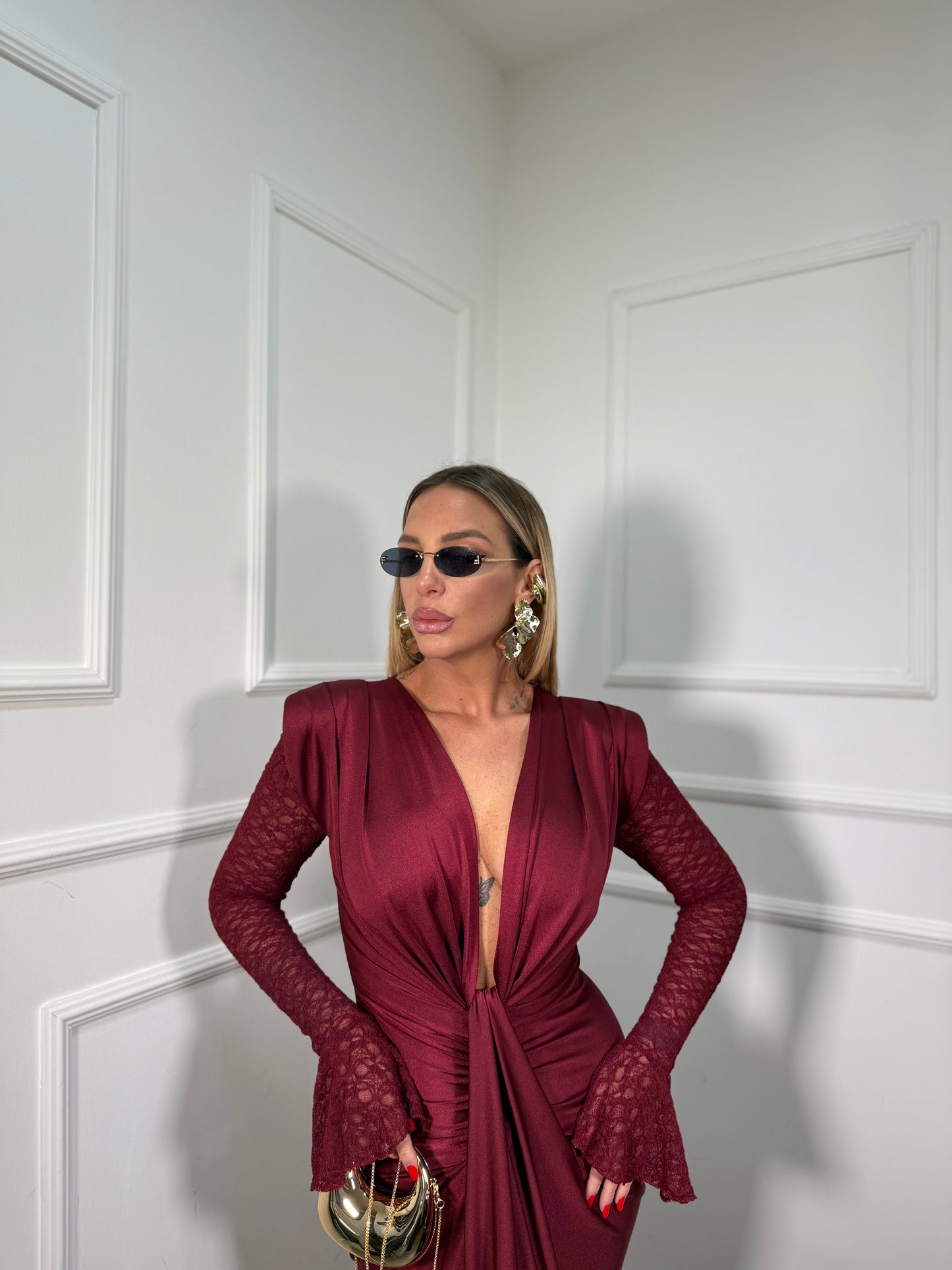 Abito midi con maniche in pizzo Sensual bordeaux 6336