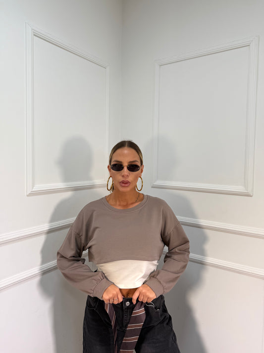Shirt crop con canotta taupe 5504