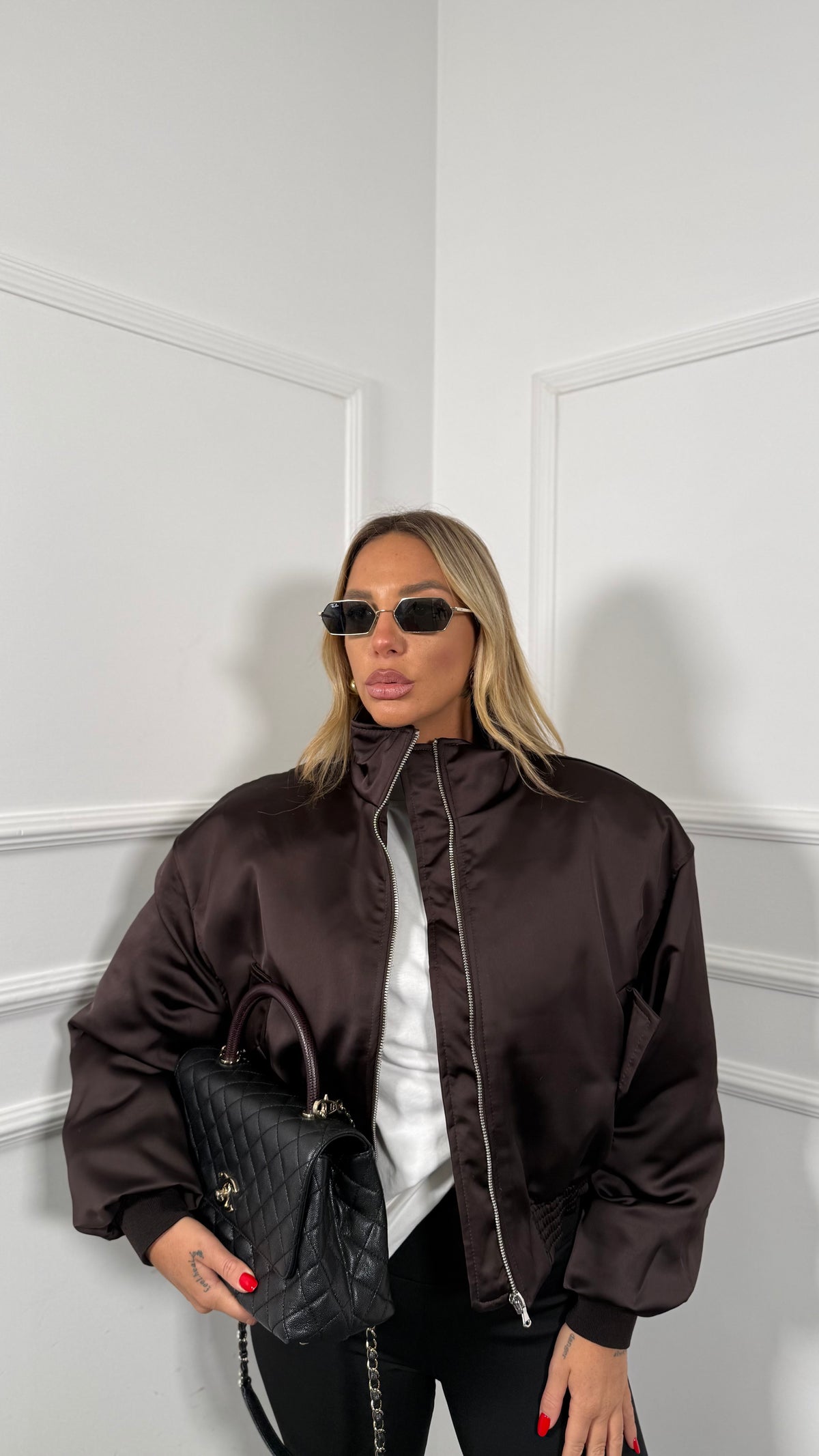 Bomber in satin con spalline by lumina Drop cioccolato